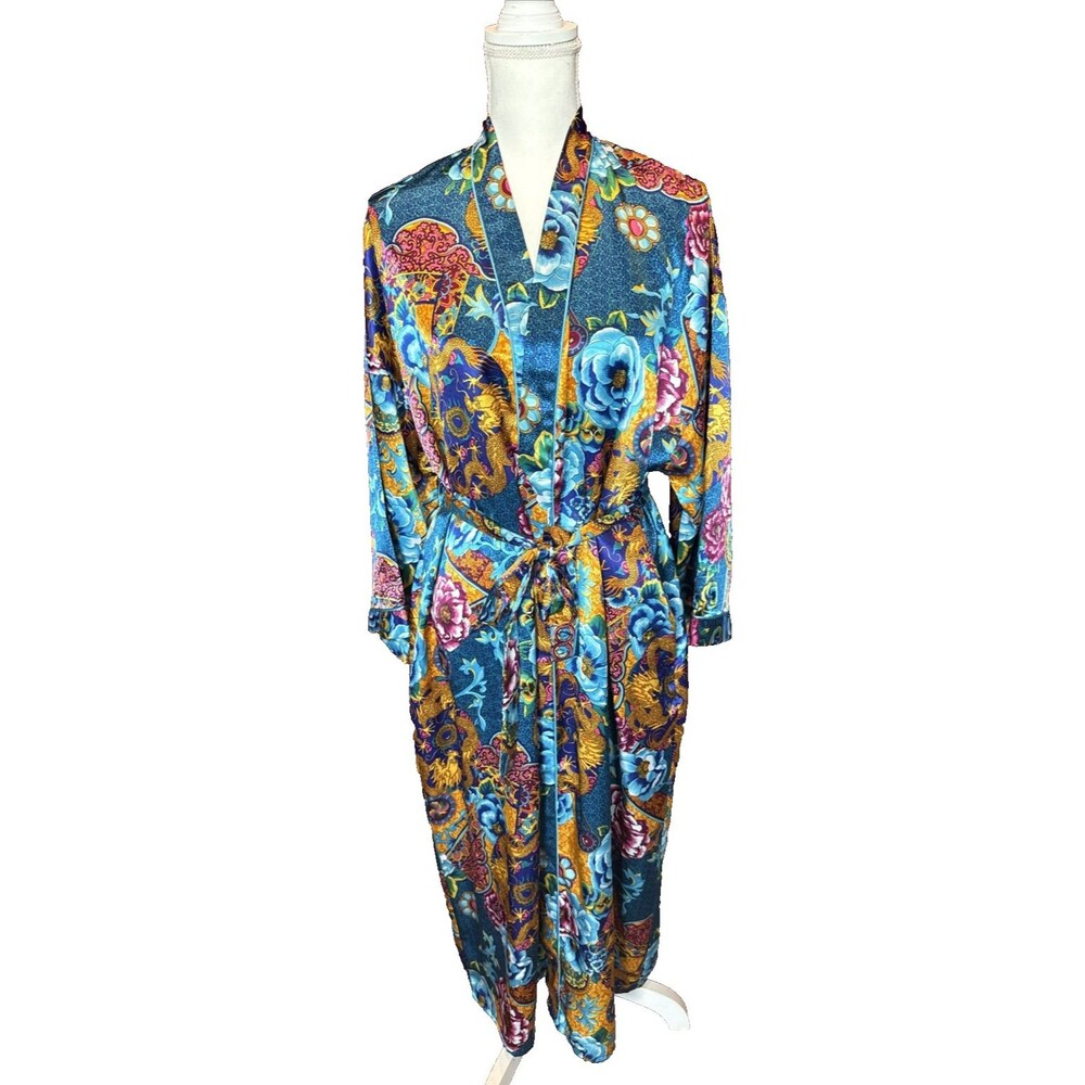 Vintage Dora C. Robe Kimono Floral Asian Multicolor Long Satin